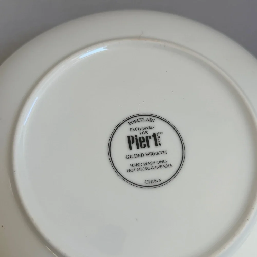 Pier 1 Imports Gilded Wreath Salad Plate Porcelain Gold Green Botanical 8 inch